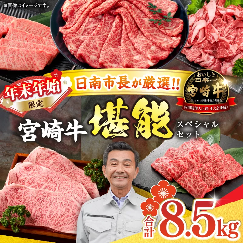 ≪年末年始限定≫日南市長厳選!! 宮崎牛 堪能 セット 合計8.5kg 期間限定 数量限定 肉 牛肉 ステーキ 焼肉 スライス すき焼き しゃぶしゃぶ ロース バラ ウデ モモ 大容量 黒毛和牛 国産 赤身肉 霜降り 食べ比べ 牛丼 おすすめ A4 A5 最高級 宮崎県 送料無料_AG4-25