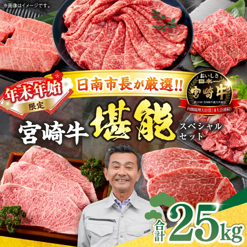 ≪年末年始限定≫日南市長厳選!! 宮崎牛 堪能 セット 合計25kg 期間限定 数量限定 肉 牛肉 ステーキ 焼肉 スライス すき焼き しゃぶしゃぶ ヒレ ロース バラ ウデ モモ 希少部位 大容量 黒毛和牛 国産 赤身肉 霜降り 食べ比べ 牛丼 おすすめ 宮崎県 送料無料_AW3-25