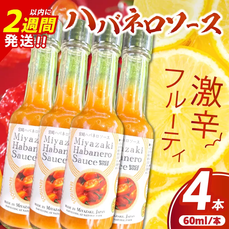 爽やか激辛食感 フルーティなハバネロソース 数量限定 宮崎 ハバネロ ソース 計4本 激辛ソース 調味料 おすすめ 加工品 オリジナル ブレンド 肉料理 パスタ ピザ ギフト プレゼント 贈り物 お取り寄せ 宮崎県 日南市 送料無料_BB138-24