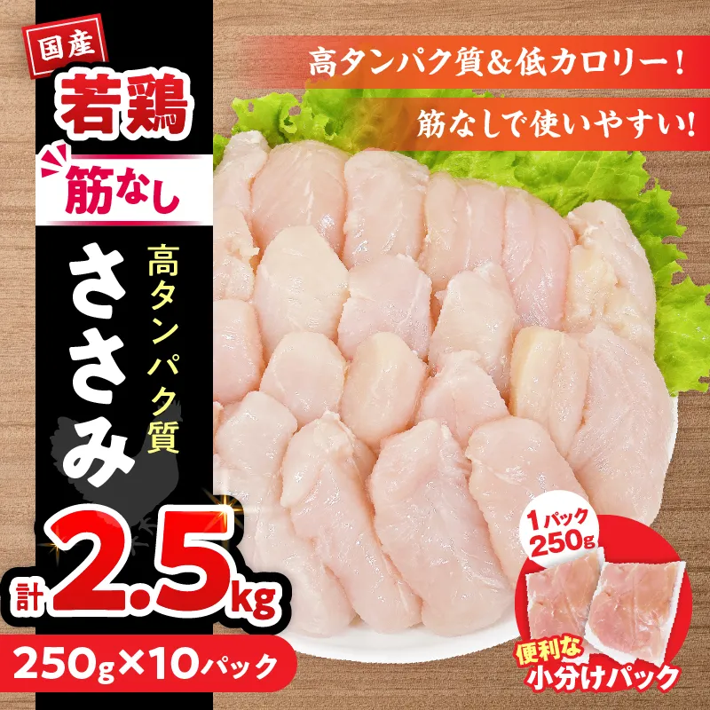 若鶏 筋なし ささみ 計2.5kg 鶏肉 国産 チキン ササミ 人気 小分け 便利 おかず お弁当 食品 真空パック ヘルシー 高タンパク 低カロリー 焼肉 唐揚げ サラダ グルメ お取り寄せ おすすめ ご褒美 記念日 お祝い おすそ分け 日南市 宮崎県 送料無料_C131-24
