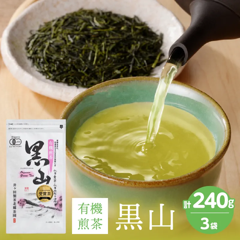 日本茶AWARD2024 プラチナ賞 受賞 有機煎茶黒山 3袋セット 合計240g 飲料 お茶 お茶葉 お茶の葉 日本茶 有機JAS認証 有機茶 グリ－ンティー 煎茶 緑茶 ドリンク 加工品 国産 井ヶ田製茶 おすそ分け ギフト 贈り物 プレゼント 贈答 宮崎県 日南市 送料無料_BD147-26
