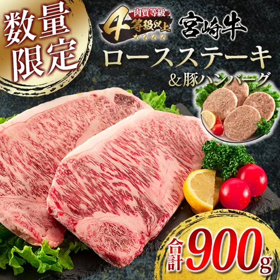 宮崎牛 ロースステーキ 2枚 豚ハンバーグ 4個 セット 合計900g 肉 牛 牛肉 黒毛和牛 国産 食品 ステーキ ロース おかず 送料無料_DC12-23