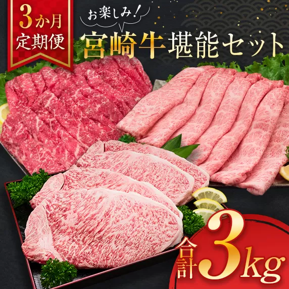 3か月 お楽しみ 定期便 宮崎牛 堪能 セット 合計3kg 牛肉 黒毛和牛 国産 ブランド牛 ミヤチク 肩ロース モモ ステーキ スライス しゃぶしゃぶ すき焼き 焼肉 4等級以上 高級 贅沢 ご褒美 お祝 記念日 おかず お取り寄せ グルメ 食品 宮崎県 日南市 送料無料_L9-25