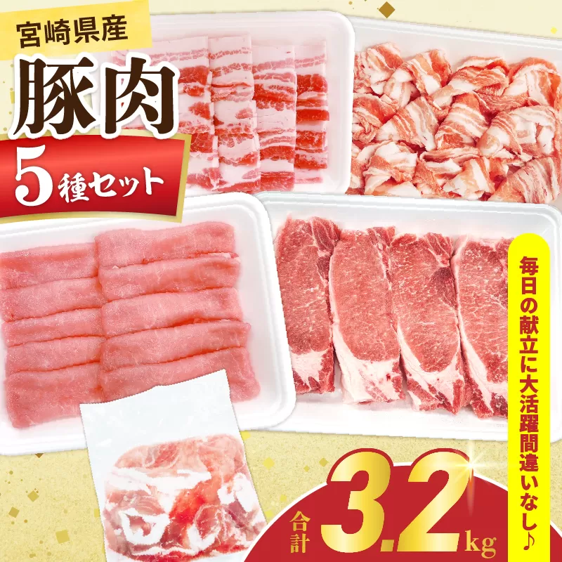 宮崎県産 豚肉 5種 セット (合計3.2kg) 国産 食品 豚バラ 切り落とし ロース スライス 焼肉 BBQ しゃぶしゃぶ 生姜焼き とんかつ ソテー 豚丼 野菜炒め 冷しゃぶ 個包装 小分け おすすめ おかず お弁当 晩ご飯 手軽 便利 ギフト 贈り物 冷凍 日南市 送料無料_CD73-25