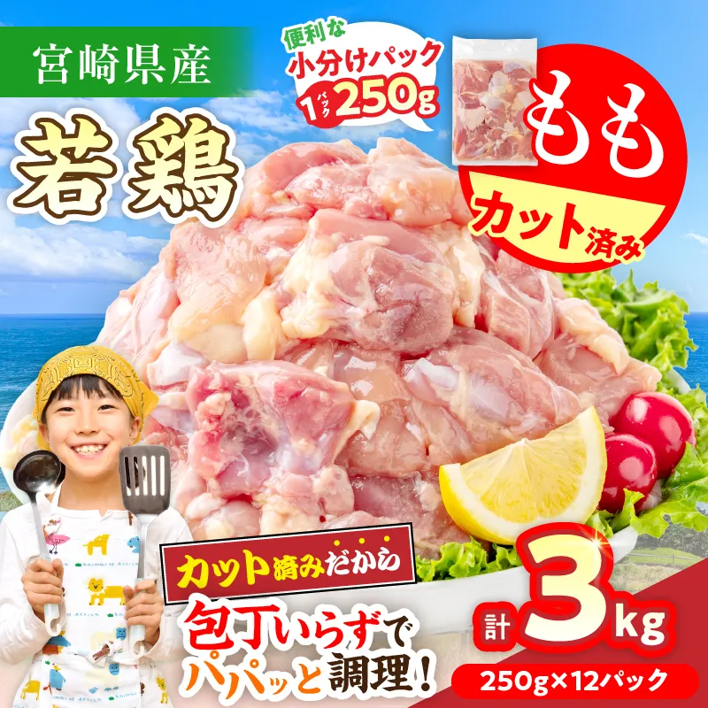 数量限定 宮崎県産 若鶏もも肉 切身 250g×12袋 計3kg 小分け 便利 冷凍 国産 真空パック カット済 簡単調理 唐揚げ から揚げ 炒め物 親子丼 おかず お弁当 焼肉 BBQ バーベキュー おつまみ ジューシー 人気 おすすめ グルメ 宮崎県 日南市 送料無料_BDV3-26