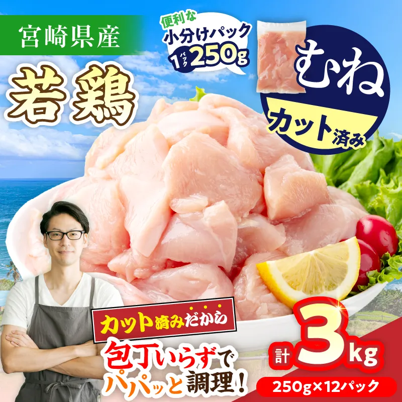 数量限定 宮崎県産 若鶏むね肉 切身 250g×12袋 計3kg 小分け 便利 冷凍 国産 真空パック カット済 簡単調理 サラダチキン 蒸し鶏 炒め物 高たんぱく 低カロリー おかず お弁当 おつまみ 低脂質 ヘルシー 人気 おすすめ グルメ 宮崎県 日南市 送料無料_BAV12-26