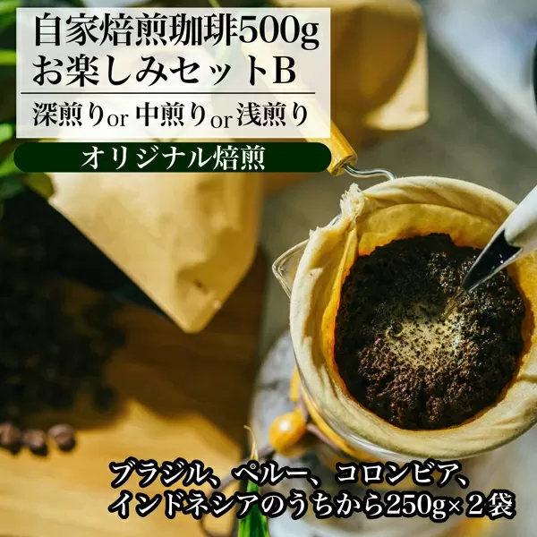 【オリジナル焙煎】自家焙煎珈琲500ｇお楽しみセット（粉）　B（深煎りor中煎りor浅煎り）
