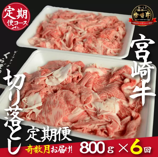 【定期便・全６回】倉薗牧場直送A４等級以上宮崎牛切り落とし　800ｇ×6回コース（奇数月発送）（定期便 肉 国産 肉定期便 和牛 赤身 霜降り 宮崎牛 宮崎 小林市 薄切り すき焼き スライス 人気）