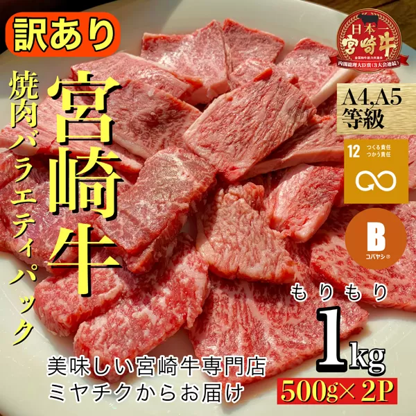 [美味しい宮崎牛専門店ミヤチクからお届け]A4等級以上 宮崎牛 訳あり 焼肉 バラエティパック 1kg(牛肉 黒毛和牛 ブランド牛 訳あり 内閣総理大臣賞)