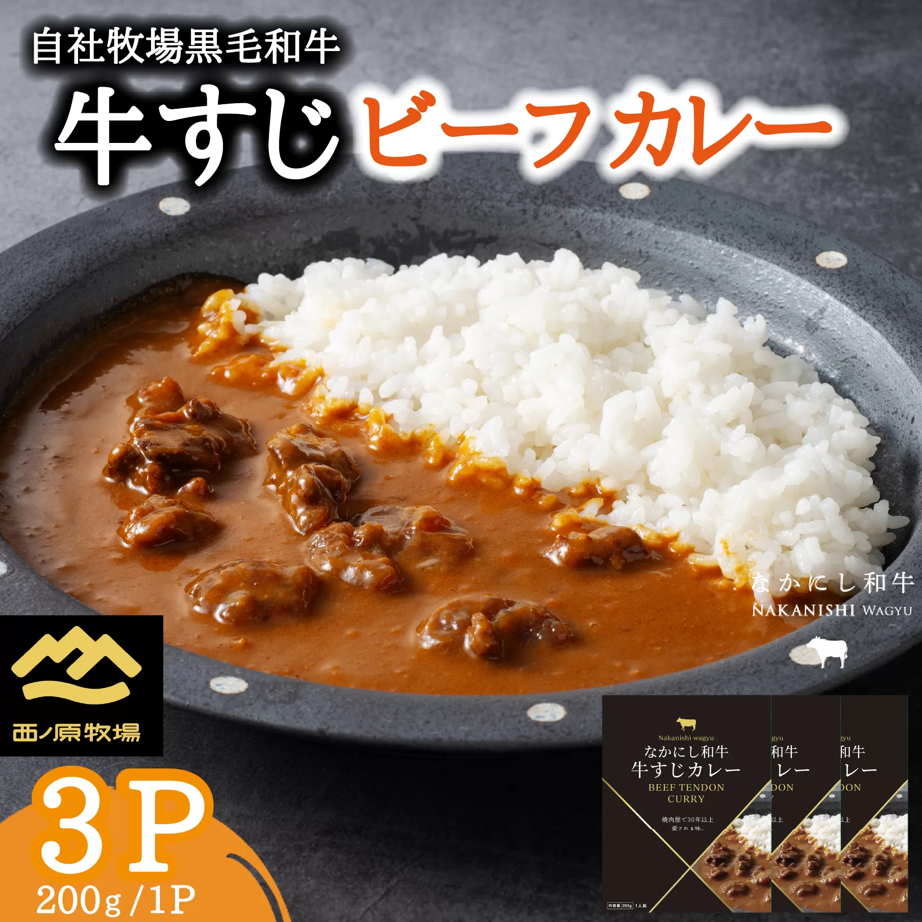 宮崎県西ノ原牧場・黒毛和牛 牛すじ ビーフカレー 3P 牛肉 国産 和牛 牛スジ カレー レトルト 簡単調理