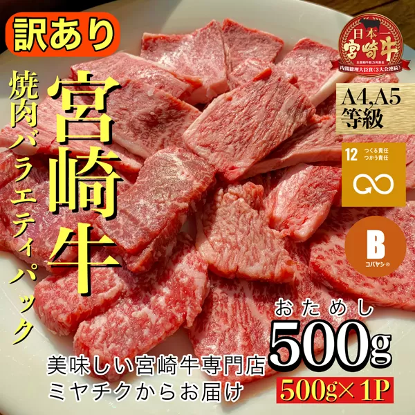 【美味しい宮崎牛専門店ミヤチクからお届け】A4等級以上 宮崎牛 訳あり 焼肉 バラエティパック おためし 500g（牛肉 黒毛和牛 宮崎牛 ブランド牛 内閣総理大臣賞）