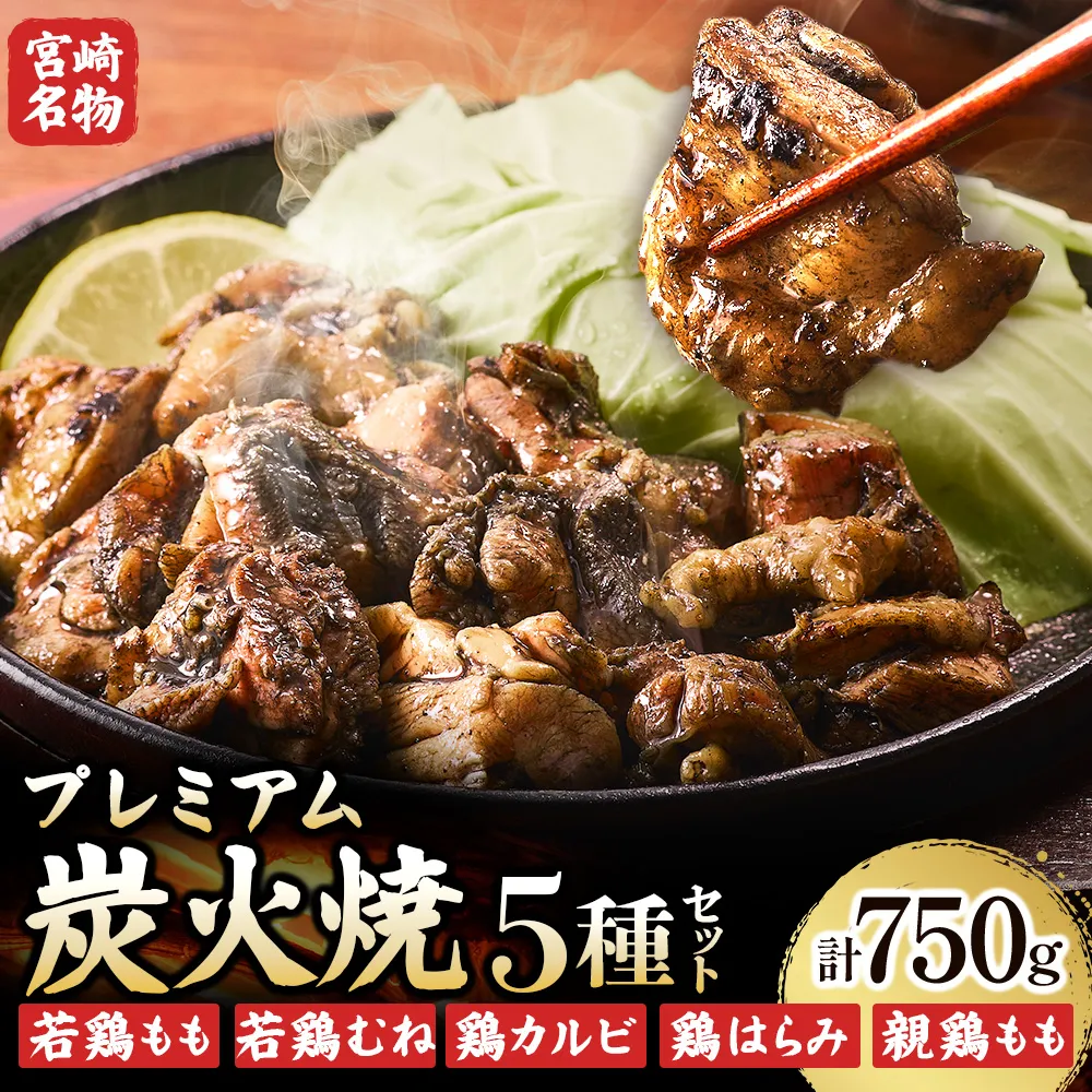 プレミアム肉汁炭火焼5種食べ比べ 150g×5P（鶏肉 炭火焼 宮崎県 小林市)