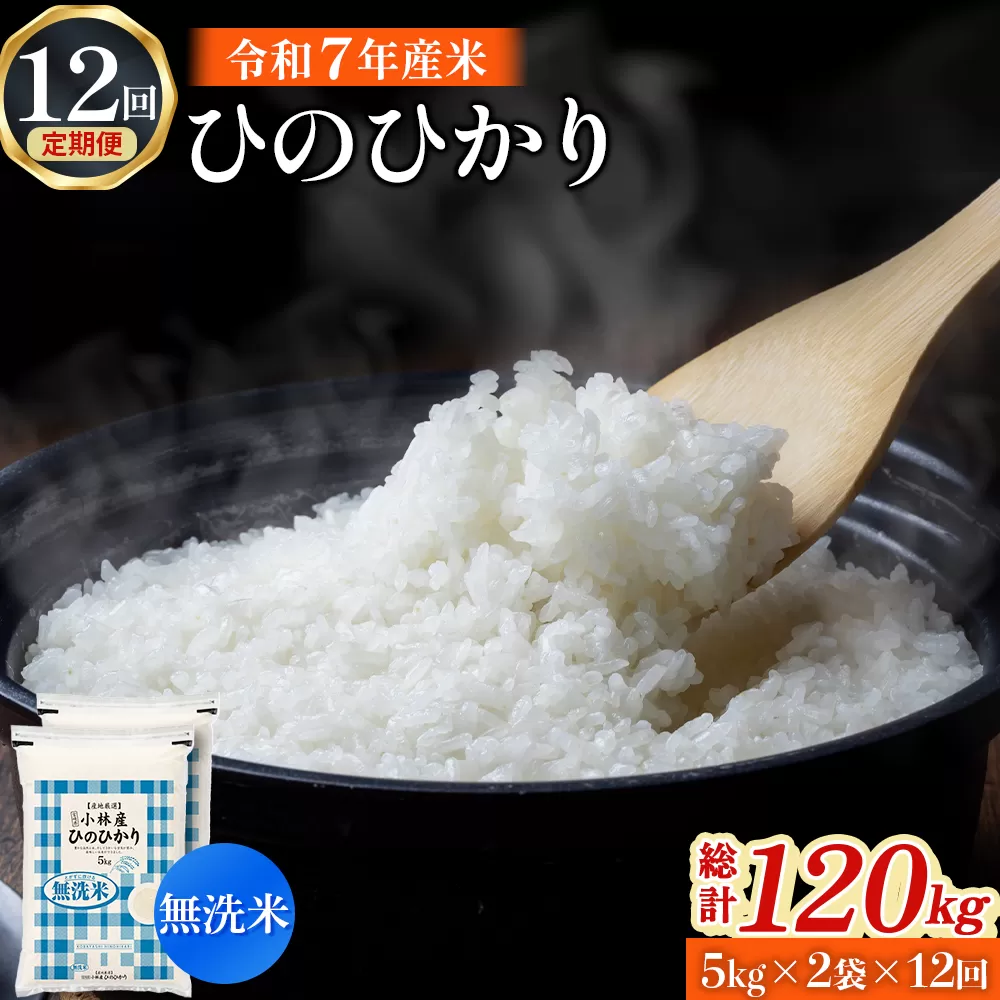 【定期便 全12回】【令和7年産米】無洗米ヒノヒカリ 10kg×12回 お米 米 新米 ヒノヒカリ 無洗米 国産 人気 お弁当 宮崎県 小林市