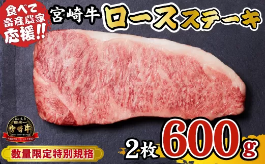 【A4等級以上】宮崎牛 ロースステーキ 600g（牛肉 黒毛和牛 畜産農家応援 ロース ステーキ 赤身 数量限定 内閣総理大臣賞）