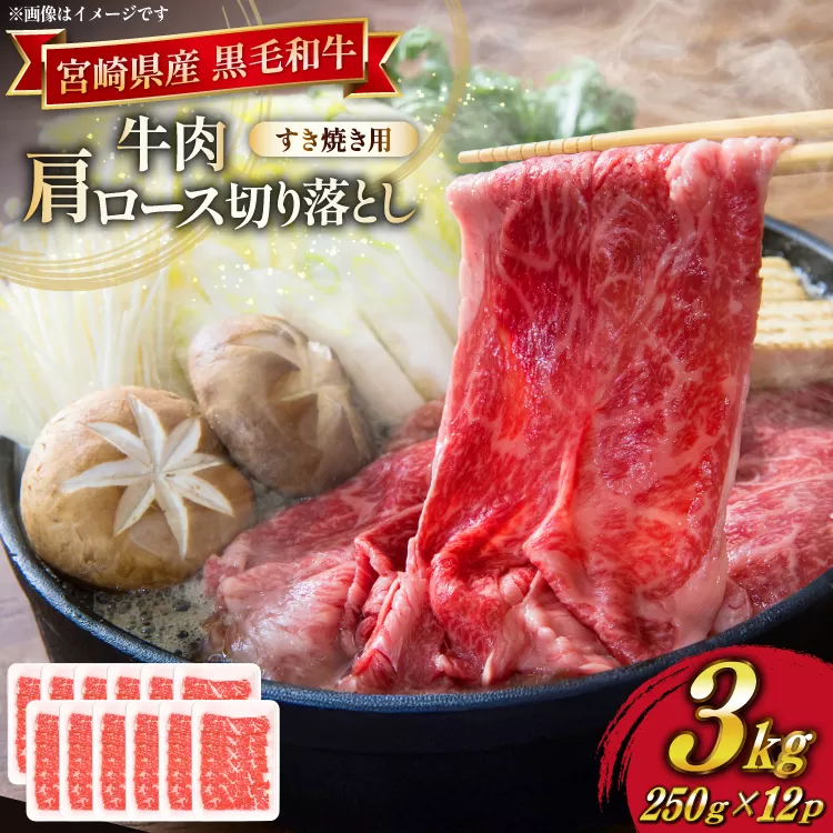 牛肉 宮崎県産 黒毛和牛 肩ロース すき焼き用 切り落とし 250g 12p 計 3kg セット [TRINITY 宮崎県 日向市 452061318] 冷凍 小分け ロース 薄切り うす切り 黒毛 霜降り スライス 牛肩 牛 肉 宮崎 和牛