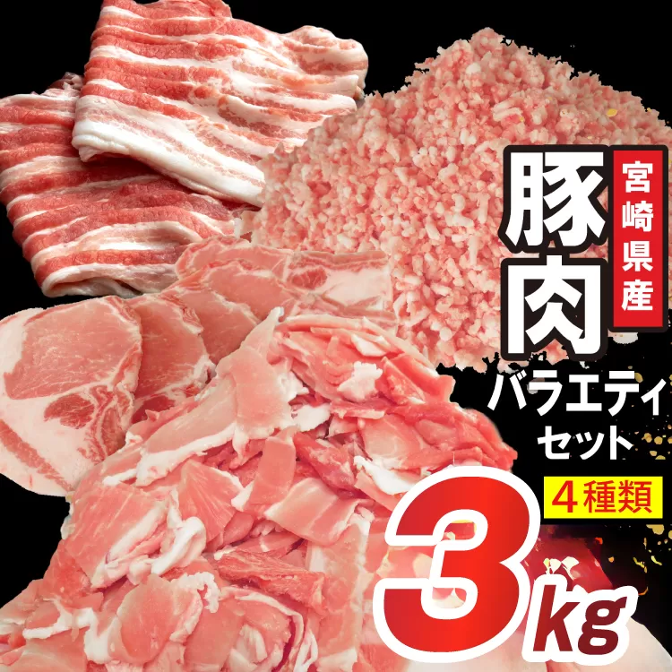 豚肉 詰め合わせ 宮崎県産豚肉 バラエティ セット 4種 3kg [南九フーズ 宮崎県 日向市 452061517] バラ 切り落とし しゃぶしゃぶ ロース スライス 豚こま 小間切れ ミンチ ひき肉