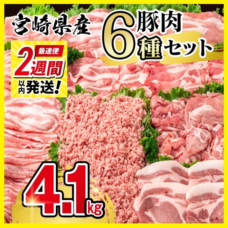 【2週間以内発送】宮崎県産豚肉 6種 バラエティ4.1kgセット＜1.8-28＞小分け スライス 鍋 トンカツ 餃子等