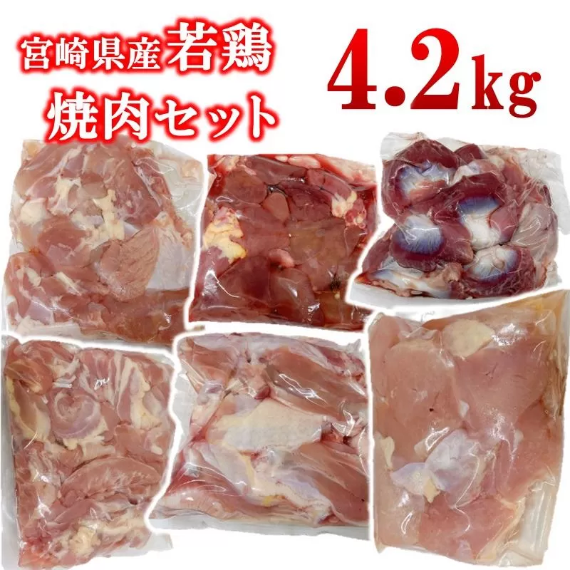 宮崎県産若鶏 6種 合計4.2kg 小分け もも肉 砂肝 手羽中ハーフ等々6種 小分け 15パック＜1.8-32＞