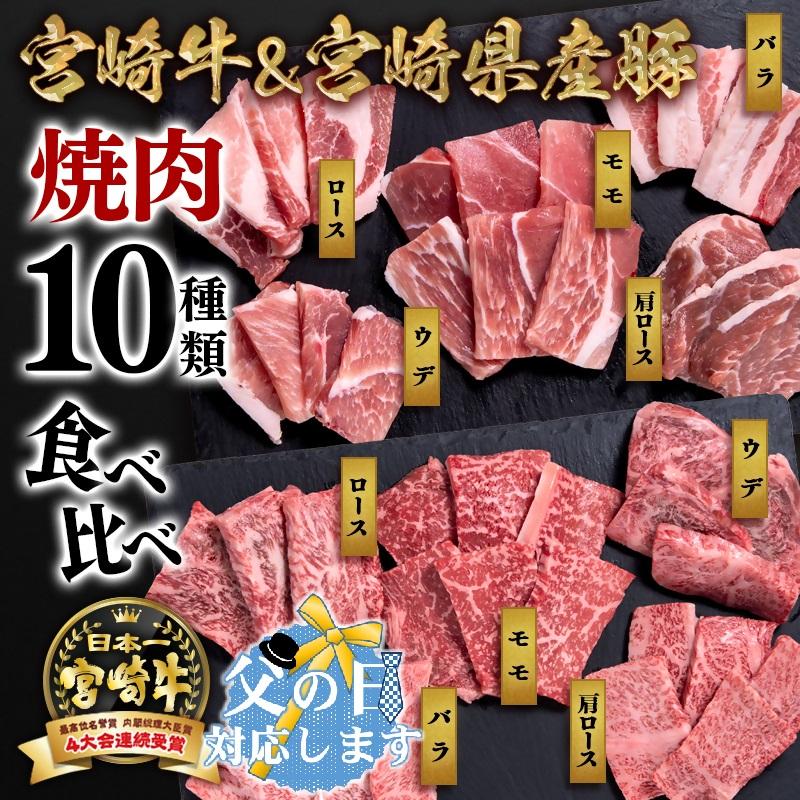 【父の日ギフト】宮崎牛＆宮崎県産豚肉 焼肉10種盛り 食べ比べセット計600g 宮崎牛4等級以上 国産牛 豚肉  ブランド牛 ミヤチク 内閣総理大臣賞4連覇＜47-3b＞●