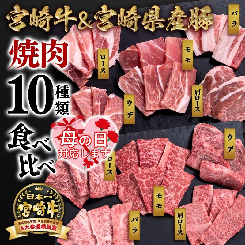 【母の日ギフト】宮崎牛＆宮崎県産豚肉 焼肉10種盛り 食べ比べセット計600g 宮崎牛4等級以上 国産牛 豚肉  ブランド牛 ミヤチク 内閣総理大臣賞4連覇＜47-3b＞●