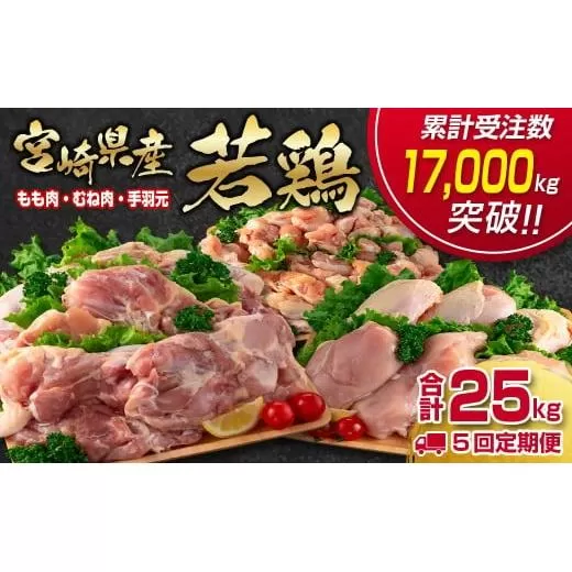 【5回定期便】合計25kg 宮崎県産若鶏もも肉 むね肉 手羽元5kg×5回 訳あり 国産鶏肉 先行予約 2026年2月～発送開始 【12月31日終了】＜7.5-14＞