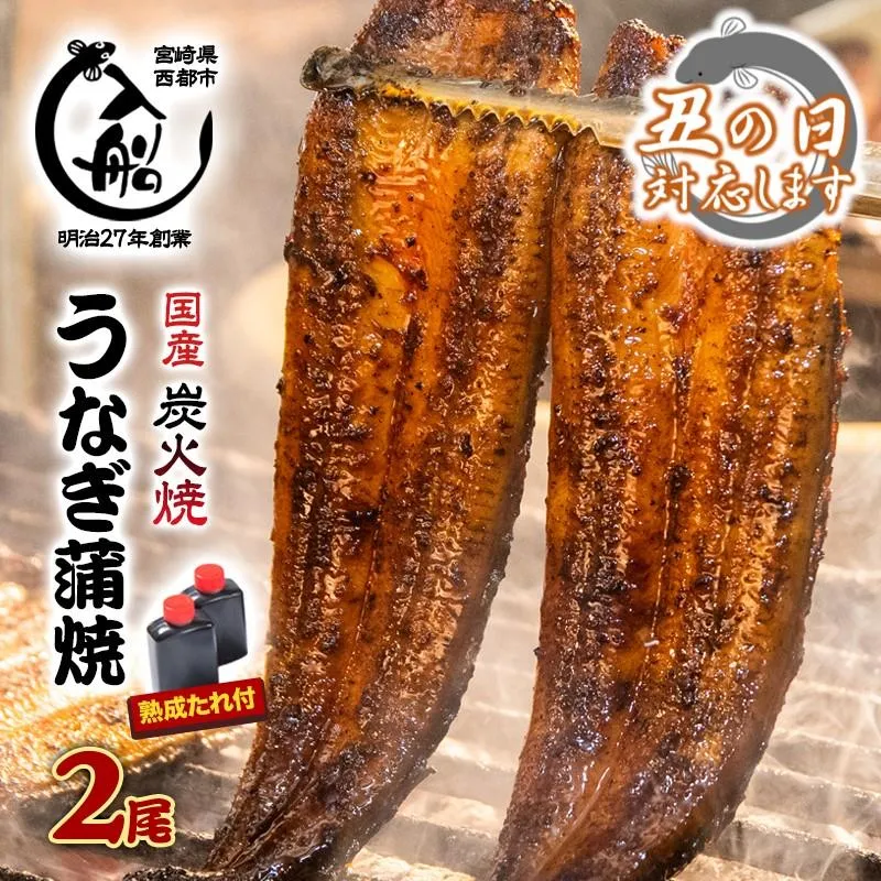 【土用の丑】国産うなぎ かば焼2尾 熟成たれ付 炭火の香ばさ際立つ 老舗「うなぎの入船」宮崎 真空　小分け　蒲焼 鰻 うなぎ＜13-2a＞丑の日