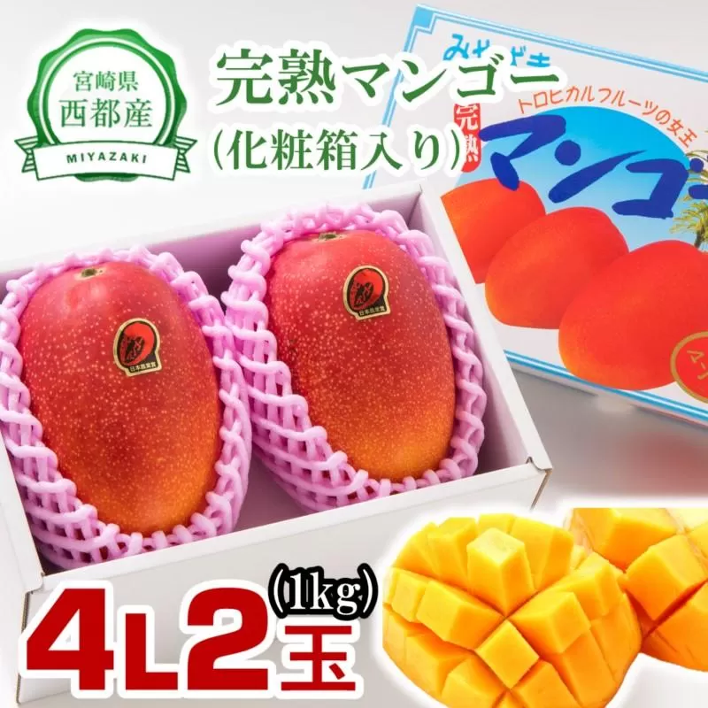 【先行予約】西都産完熟マンゴー大玉！4Ｌ×2玉（約1ｋｇ）化粧箱入り 2026年発送＜1.5-178＞果物 くだもの フルーツ 高級フルーツ 宮崎県 西都市