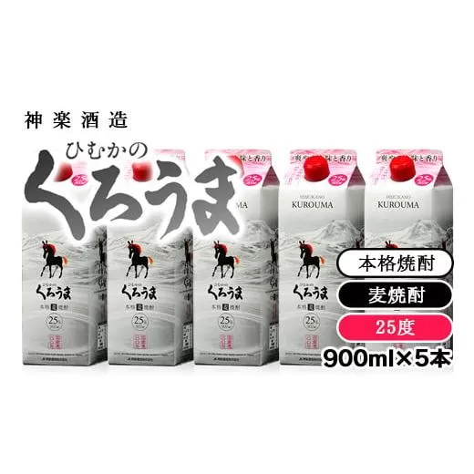 神楽酒造　麦焼酎『ひむかのくろうま』25度　900ml×5パック<1.5-52>酒 お酒 アルコール 焼酎 本格焼酎 宮崎県西都市