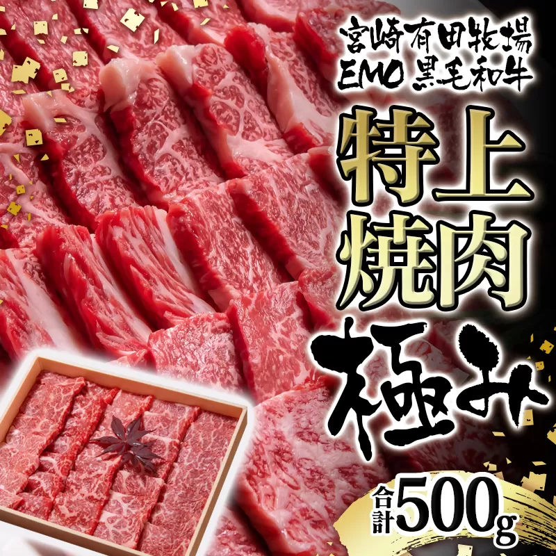 黒毛和牛稀少部位を含む 特上焼肉極み500g 有田牧畜産業ブランドEMO牛 牛肉 焼肉 国産牛肉[1.8-23]牛肉 焼肉 国産牛 宮崎県 西都市