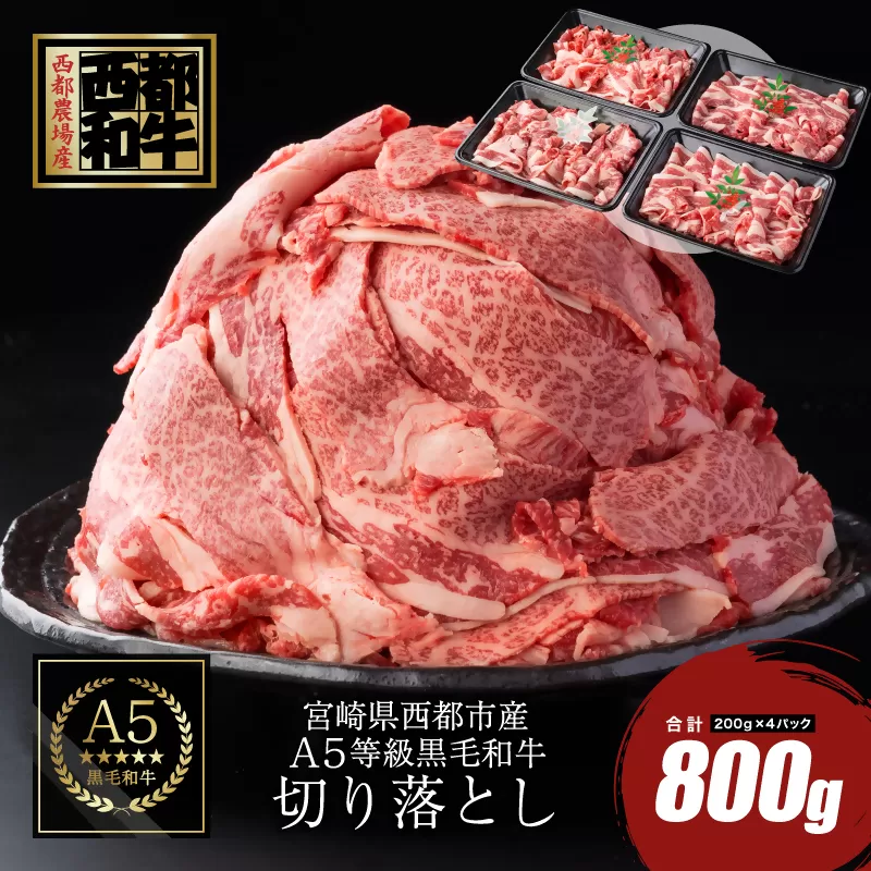 【最高品質のA5等級 西都和牛】黒毛和牛切り落とし 800g （200ｇ×4）小分け 宮崎県産＜1.2-19＞【カミチクファーム】牛肉 切り落とし