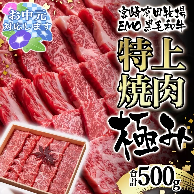 【お中元のし付き】黒毛和牛稀少部位を含む 特上焼肉極み500g 有田牧畜産業ブランドEMO牛 ＜1.8-23-3＞牛肉 焼肉 国産牛肉 宮崎県 西都市