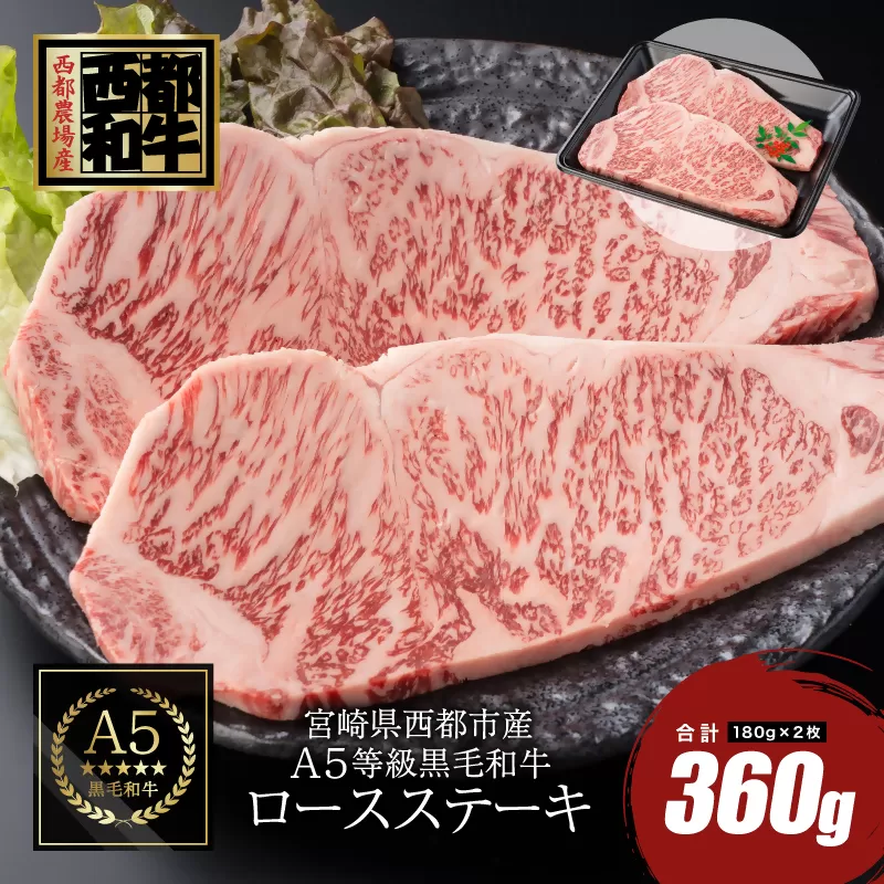 【最高品質のA5等級 西都和牛】黒毛和牛ロースステーキ 2枚（180ｇ×2）宮崎県産＜1.5-26＞【カミチクファーム】牛肉 ステーキ
