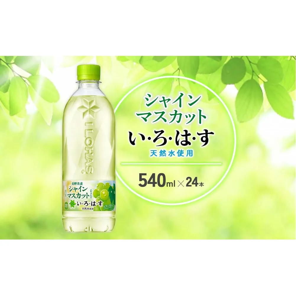 水 いろはす シャインマスカット 天然水 540ml(500ml + 40ml)PET【コカ・コーラ】ペットボトル 1箱(24本)ブドウ ナチュラルミネラルウォーター フレーバードリンク カロリー控えめ 飲料水 飲料 常温 備蓄 ストック ローリングストック アウトドア キャンプ 人気 おすすめ ギフト 国産 九州 宮崎県 えびの市 送料無料