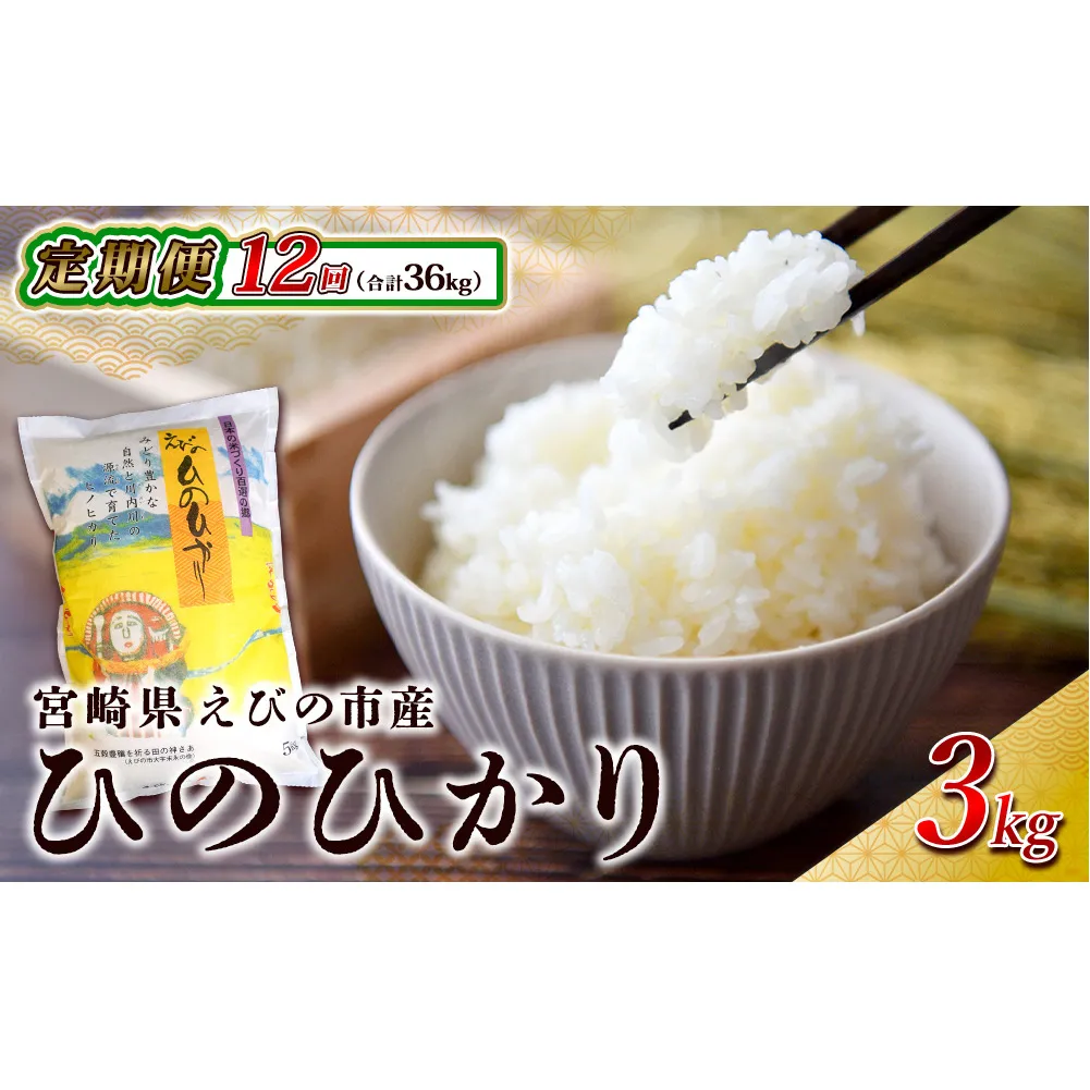 【年間定期便】えびの産 ひのひかり 3kg×12ヶ月 合計 36kg 定期便 米 お米 白米 おにぎり ヒノヒカリ お弁当 九州 宮崎県 特選米 冷めても美味しい 送料無料