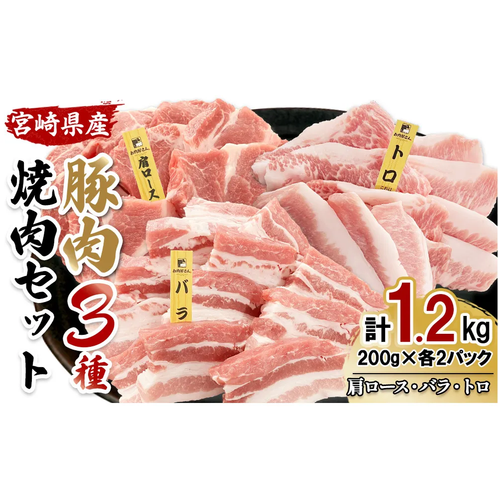 【希少部位・豚トロ入り！】宮崎県産 豚肉 焼肉バラエティセット 合計1.2kg 真空パック 200gずつの便利な小分け 食べ比べ