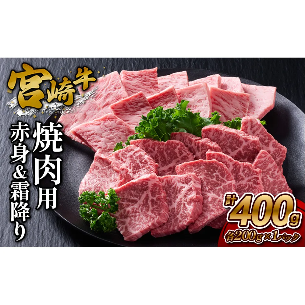 【宮崎牛】焼肉 赤身（ウデ又はモモ）＆霜降り（肩ロース又はロース） 400g(各200g×1P 計2P) 真空パック 冷凍