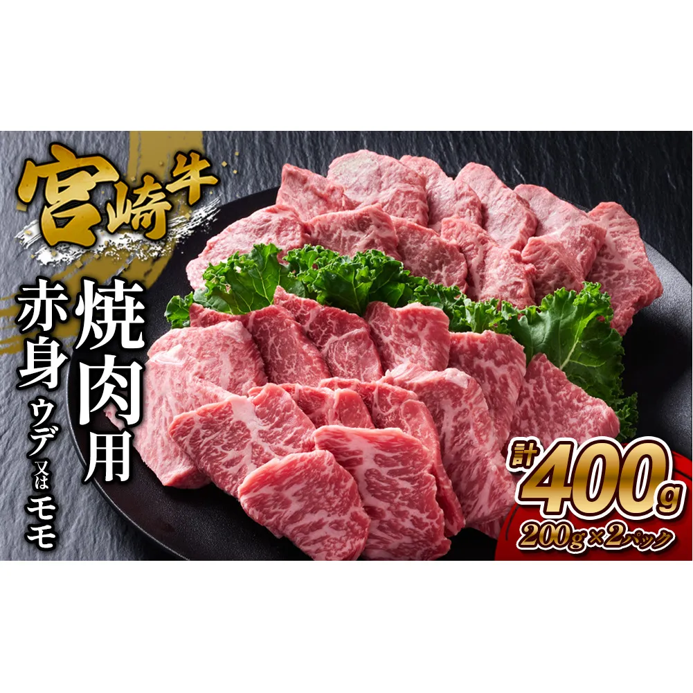 【宮崎牛】焼肉 赤身（ウデ又は上モモ） 400g(200g×2P) 真空パック 冷凍