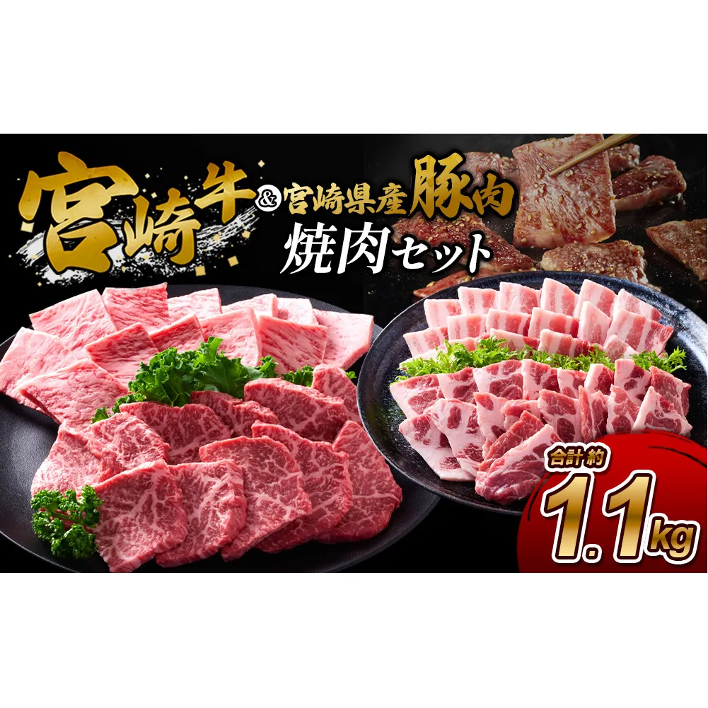 【宮崎牛・豚】焼肉食べ比べ 1.1kg (牛400g/豚700g) 真空パック 冷凍 小分け