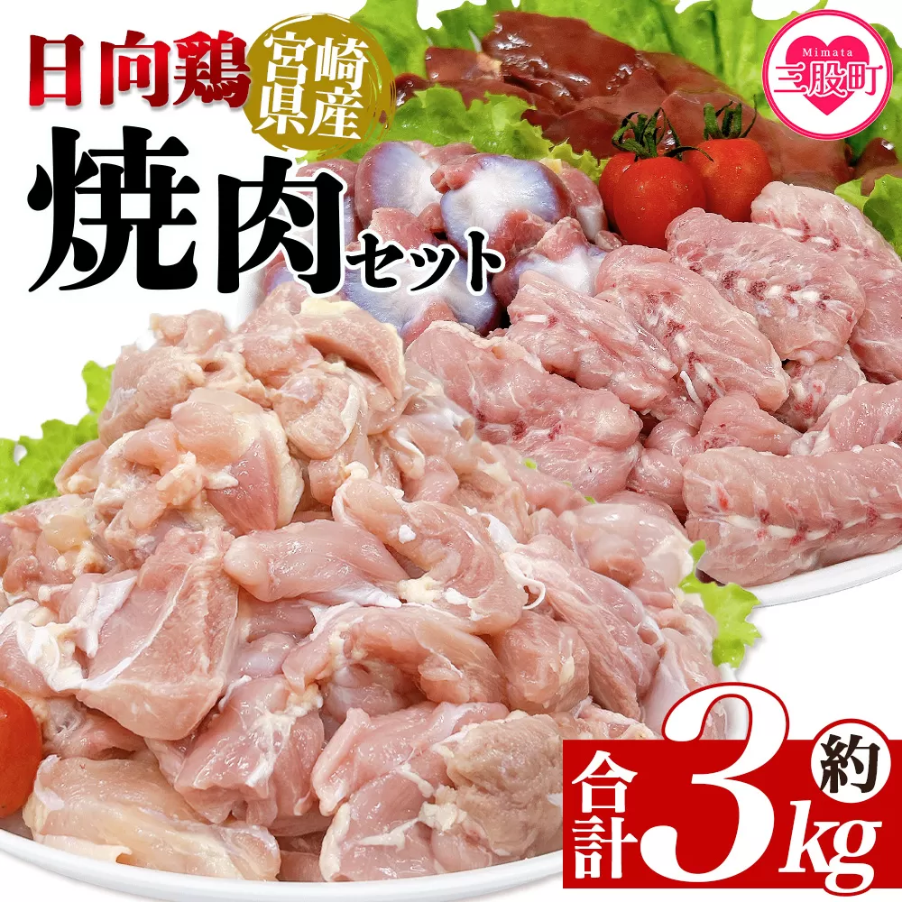 ＜宮崎県産日向鶏 焼肉セット 約3kg＞ 国産 鶏 肉 精肉 とりにく もも モモ肉 せせり セセリ 肝 レバー 砂肝 すなぎも きも 小肉 焼き鳥 焼き肉 BBQ 使いやすい 小分け パック 真空冷凍 お弁当 惣菜 蒸し鶏 数量限定 さっぱり 【MI454-tr】【TRINITY】