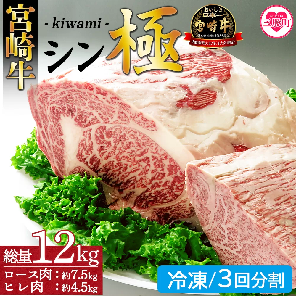 ＜宮崎牛『シン極(きわみ)』ロース肉約7.5kg、ヒレ肉約4.5kg (冷凍・3回分割)＞ 国産ブランド牛 黒毛和牛【MI019-nk-i-03】【中村食肉】