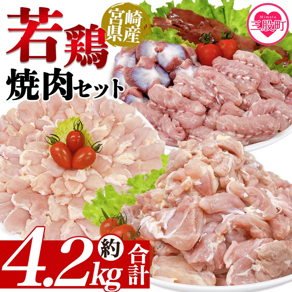 ＜宮崎県産若鶏焼肉セット 約4.2kg＞ 国産 鶏 肉 精肉 モモ もも肉 使いやすい パック 真空冷凍 切り身 選べる数量 お弁当 惣菜 からあげ 照り焼き 数量限定 BBQ バーベキュー セセリ せせり レバー 砂肝 肝 てば 手羽中 小分け 【MI445-tr】【TRINITY】
