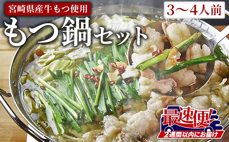 ＜もつ鍋セット（3〜4人分）＞2週間以内に発送【 宮崎県産牛もつ使用 国産 モツ 鍋 牛もつ鍋 セット 和牛 出汁 だし 唐辛子 とうがらし にんにく ニンニク 卵雑炊 チャンポン麺 ちゃんぽん 惣菜 3人前 4人前 】