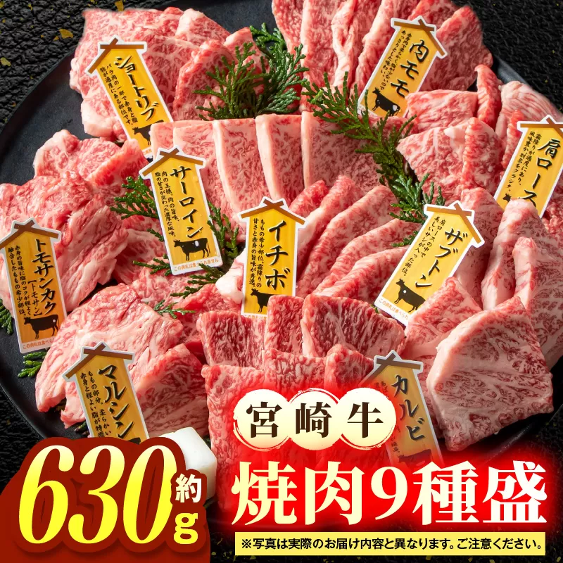 宮崎牛焼肉9種盛（約630g）お肉 肉 牛肉 宮崎牛 ロース 肩ロース ザブトン ミスジ ウデ カルビ モモ 焼肉 冷凍 記念日 誕生日 お祝い ギフト 贈答 プレゼント セット 食べ比べ お取り寄せ