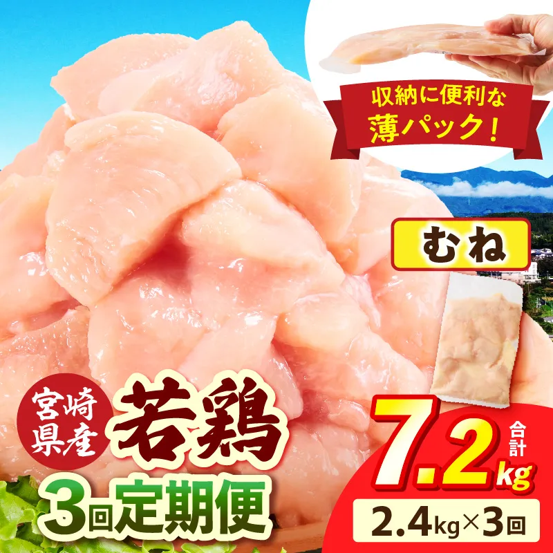 宮崎県産 若鶏切身 むね肉 2.4kg（300g×8袋）【3か月定期便】
