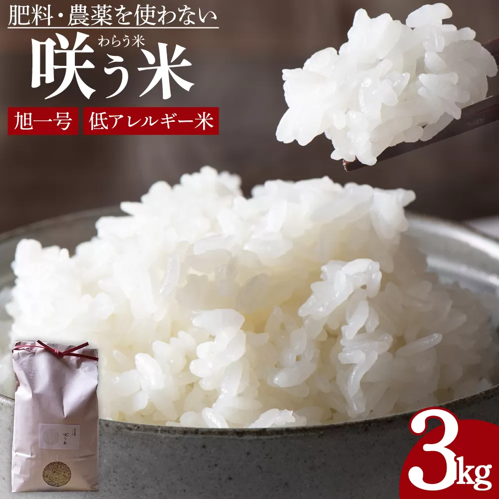 ★令和6年産★＜「咲う米」（わらう米・自家採取旭一号）3kg＞【 米 コメ お米 精米 自然栽培 低糖質米 ふっくら 朝ごはん 昼食 おにぎり ご飯 飯 2024年 ランチ 主食 】翌月末迄に順次出荷