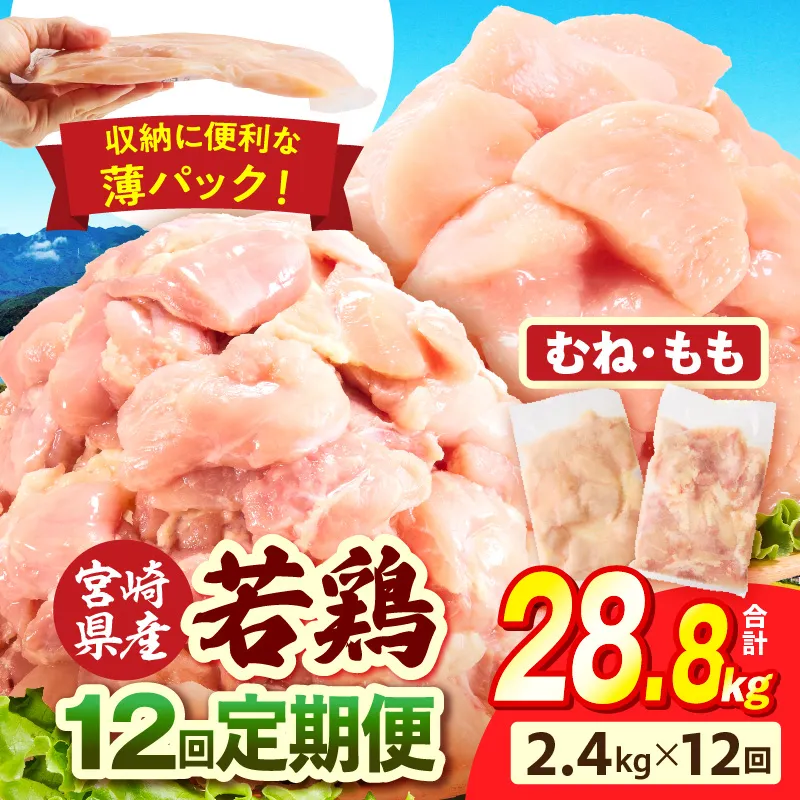 宮崎県産 若鶏切身 むね肉&もも肉 2.4kg（各300g×4袋）【12か月定期便】