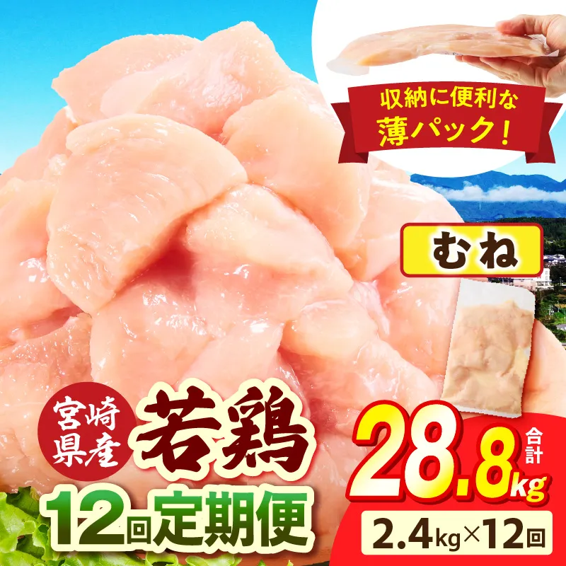 宮崎県産 若鶏切身 むね肉 2.4kg（300g×8袋）【12か月定期便】