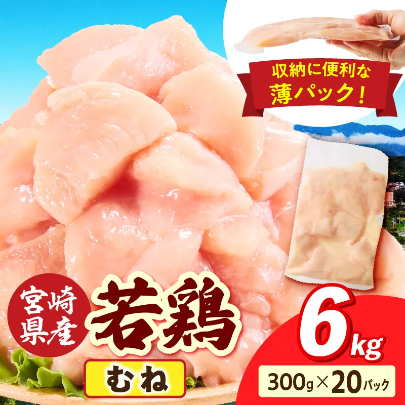 宮崎県産 若鶏切身 むね肉 6kg（300g×20袋）