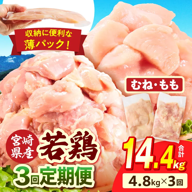 宮崎県産 若鶏切身 むね肉&もも肉 4.8kg（各300g×8袋）【3か月定期便】