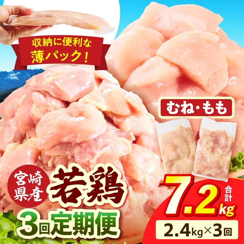 宮崎県産 若鶏切身 むね肉&もも肉 2.4kg（各300g×4袋）【3か月定期便】
